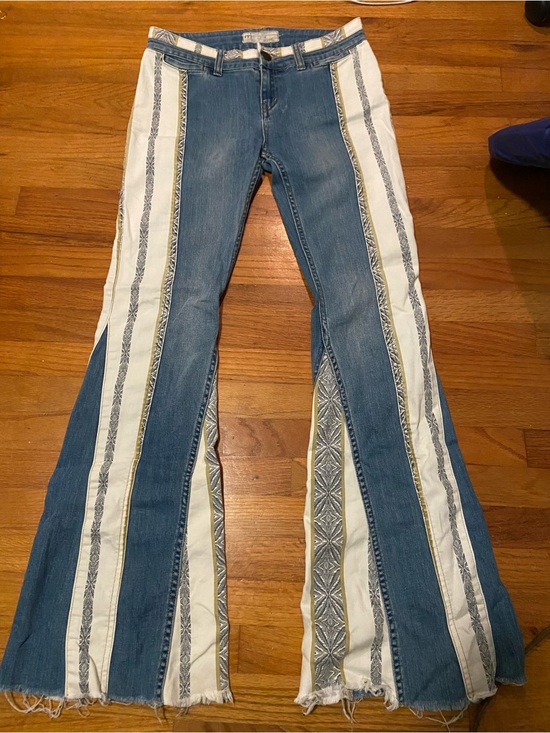 Free People Denim - Free People Blue Denim Flare Jeans with Cream Stripe Insets